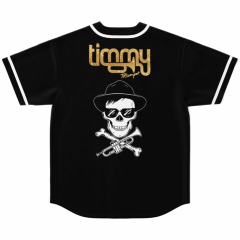 Black jersey back view with skull in fedora and crossed trumpet bones design