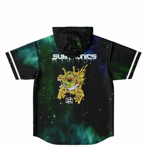 Back view of green galaxy hooded jersey showing large melting eye monster design and dripping