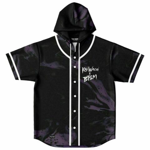 Black and purple marbled swirl front view with “Kai Wachi x BTSM” chest text