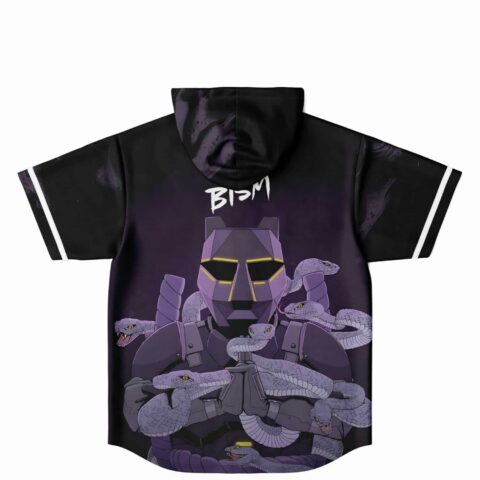 Purple robot and coiled snakes back print with “BTSM” text