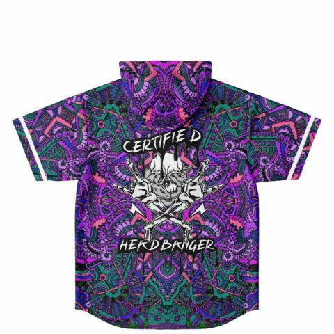 Certified Headbanger text with skull and crossbones graphic on hooded jersey back