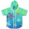 Cartoon sea sponge hooded jersey with teal to blue ombre and flower pattern front view