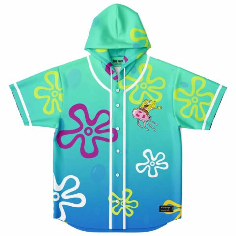 Cartoon sea sponge hooded jersey with teal to blue ombre and flower pattern front view