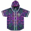 Purple kaleidoscopic Aztec rave hooded baseball jersey front view with skull hand sign patch