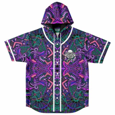 Purple kaleidoscopic Aztec rave hooded baseball jersey front view with skull hand sign patch
