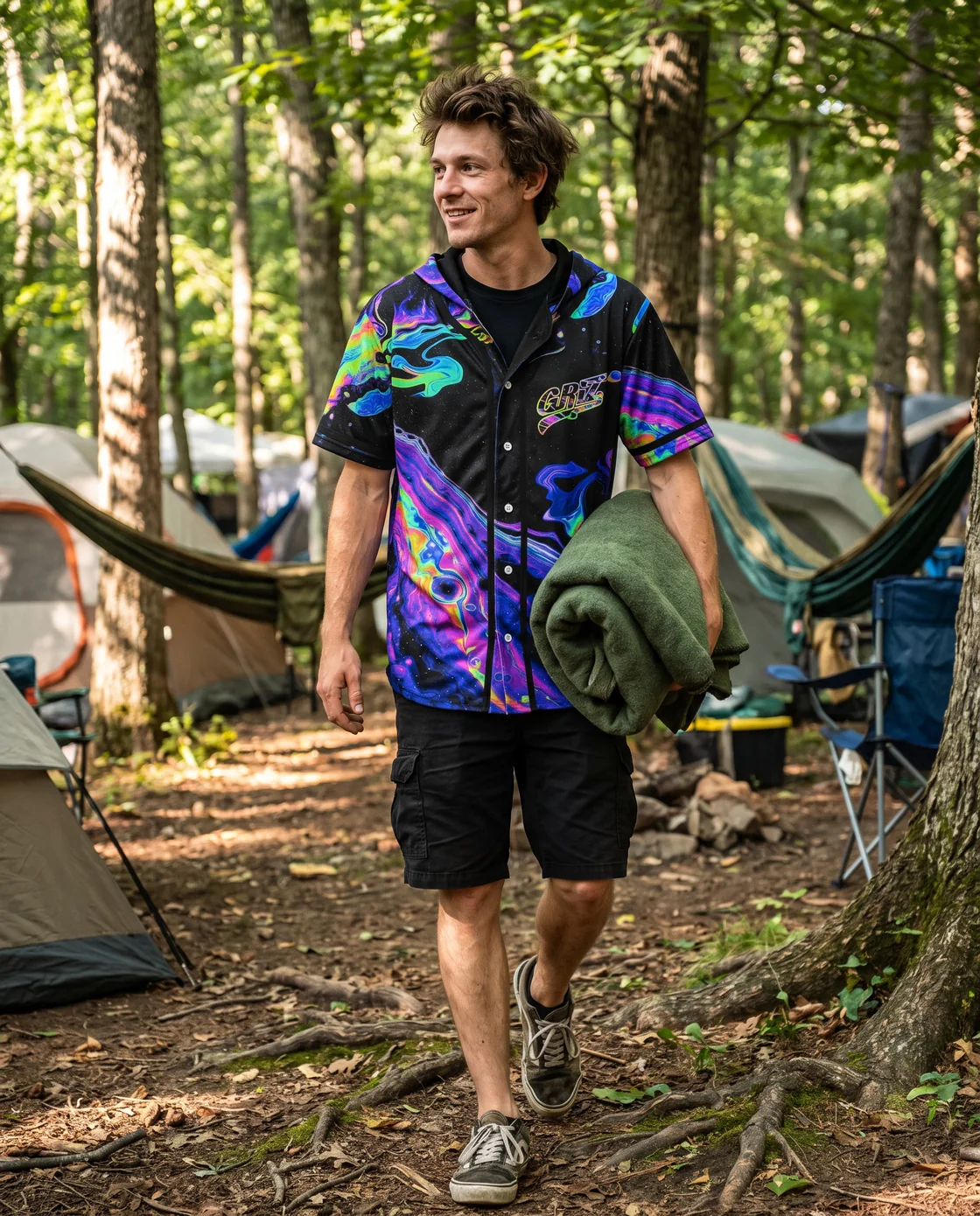 Man wearing a hooded psychedelic jersey with practical festival layers