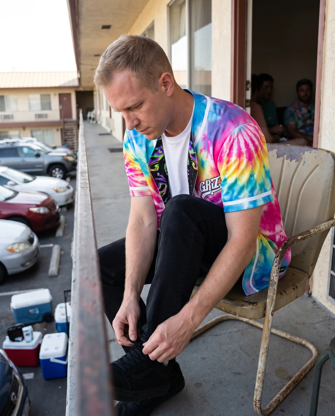 Man wearing a reversible rave jersey open over a tee and jeans