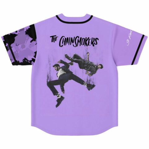 Purple back with airborne figures and bold lettering, flat-lay rear view