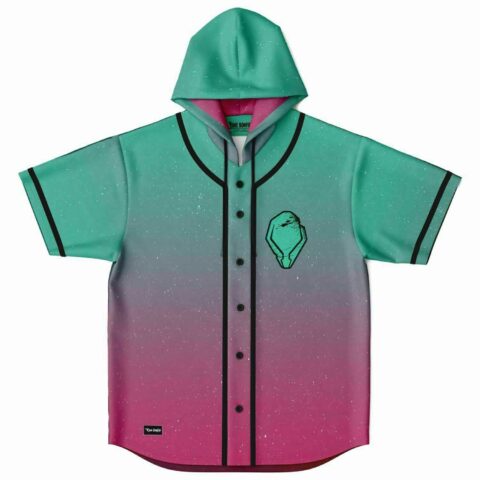 Teal magenta galaxy fade hooded baseball jersey with chest gem graphic front view