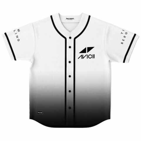 Black and white ombre rave baseball jersey with triangle logo front view flat lay
