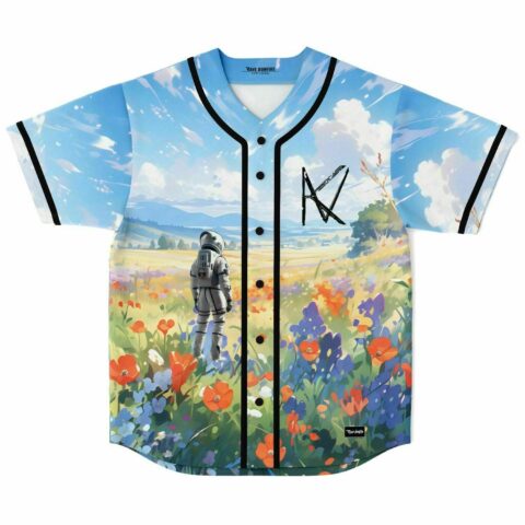 Astronaut standing in wildflower field baseball jersey front view with sky blue clouds