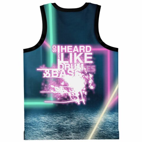 Back view of rave jersey featuring glowing neon text so I heard you like drum
