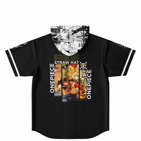 Back view of pirate crew manga panel print with Straw Hat Onepiece text