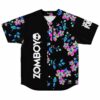 Black baseball jersey with neon cherry blossom print and bass-inspired skull text down front