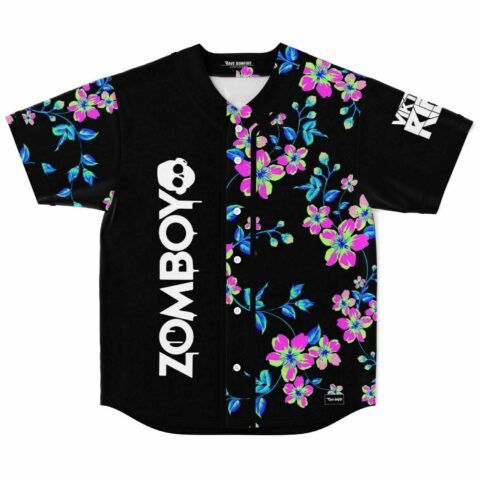 Black baseball jersey with neon cherry blossom print and bass-inspired skull text down front