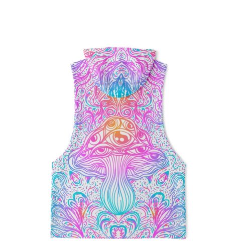 Back view of vibrant mushroom graphic custom drop armhole hoodie