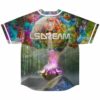 Back view of rainbow stained glass jersey showing meditating figure with fiery pink smoke