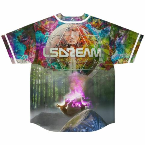 Back view of rainbow stained glass jersey showing meditating figure with fiery pink smoke