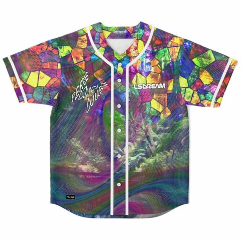 Stained glass rave baseball jersey front view with peace love and glowbz text and LSDREAM