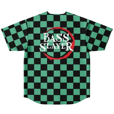 Back view of checkerboard jersey with large Bass Slayer text inside red brush circle