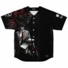 Black baseball jersey with anime-inspired notebook scene and red-eyed demon graphic front view