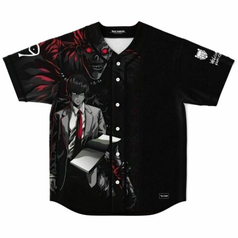 Black baseball jersey with anime-inspired notebook scene and red-eyed demon graphic front view