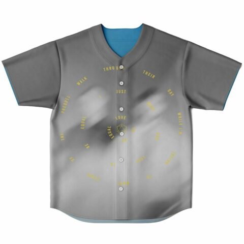 grey festival jersey with scattered gold lyric text and icosahedron icon front view