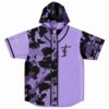 Lavender paint splatter hooded baseball jersey with black camo panel and hood, front flat lay