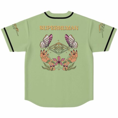 Sage baseball jersey back view with butterflies hands and Superhuman text graphic