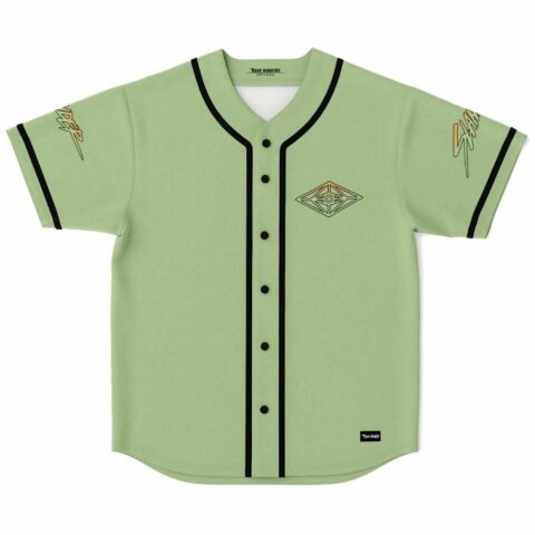 Sage green rave baseball jersey with mystic diamond eye emblem front view