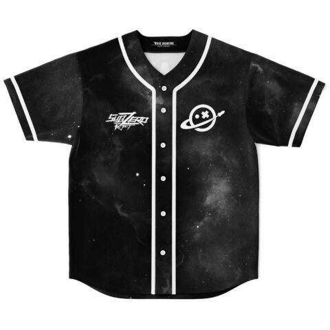 Black starfield jersey with white piping and planet rocket logo on chest, front view