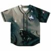 Front view of game-inspired horned mask jersey with armored knight in misty forest