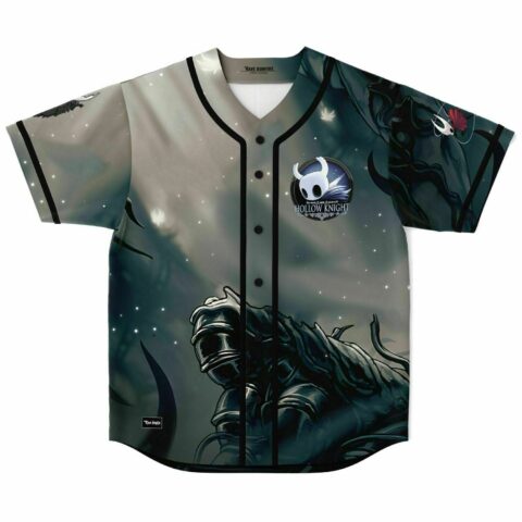 Front view of game-inspired horned mask jersey with armored knight in misty forest