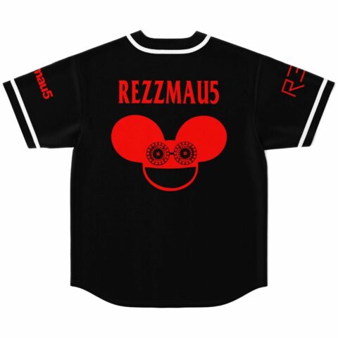 Back view of black jersey with red mouse-head graphic and REZZMAU5 text across shoulders