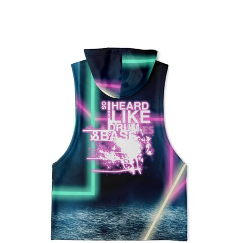 Sleeveless hoodie back displaying vibrant neon text and design