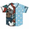 Anime-inspired rave baseball jersey front view with fox-masked boy and cloud print split design