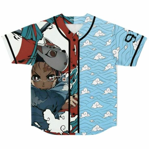 Anime-inspired rave baseball jersey front view with fox-masked boy and cloud print split design