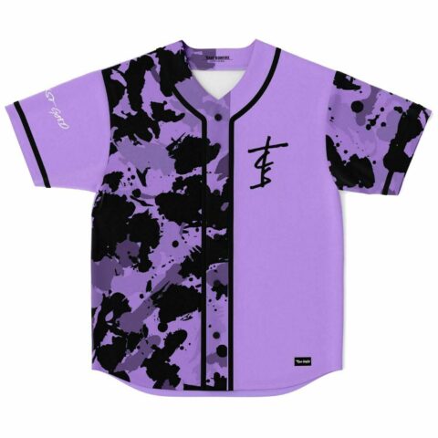 Purple and black paint-splatter pattern on a button-front jersey, flat-lay front view