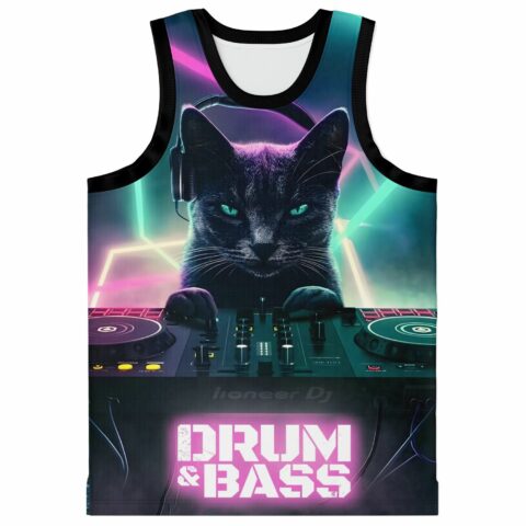 Front view of DJ black cat rave jersey with neon laser grid and Drum &