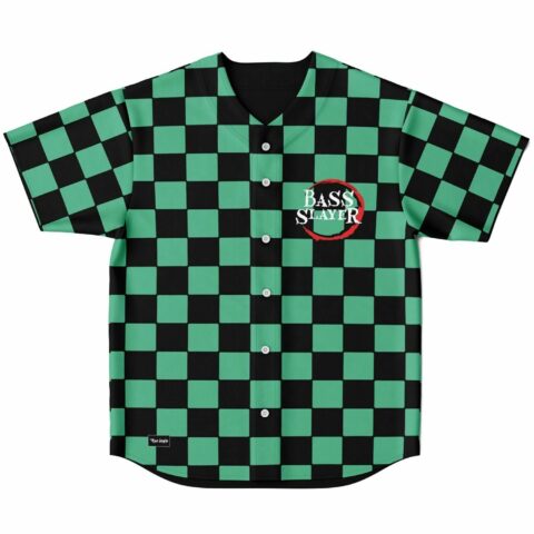 Green and black checkerboard baseball jersey with Bass Slayer red circle logo on chest