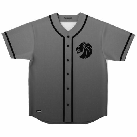 Grey lion head rave baseball jersey with black button placket, front view