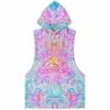 Psychedelic mushroom rave sleeveless hoodie, white with pink and blue line art — front