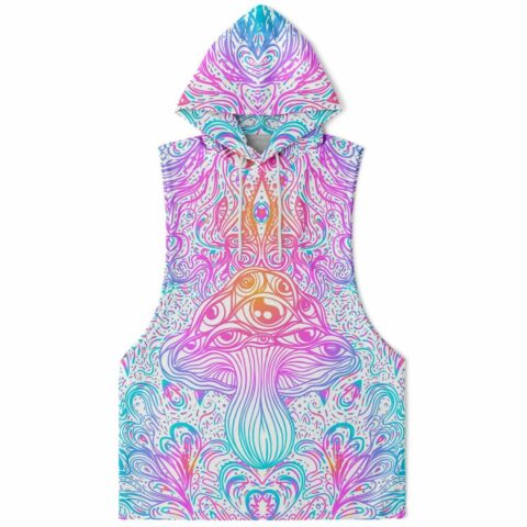 Colorful psychedelic mushroom design on sleeveless custom hoodie