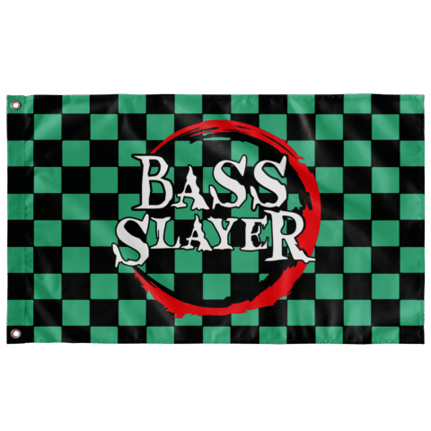 Green black checkered flag featuring Bass Slayer text inside a red painted ring