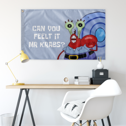 Cartoon crab rave flag hung above a desk showing meme text and snail-inspired art