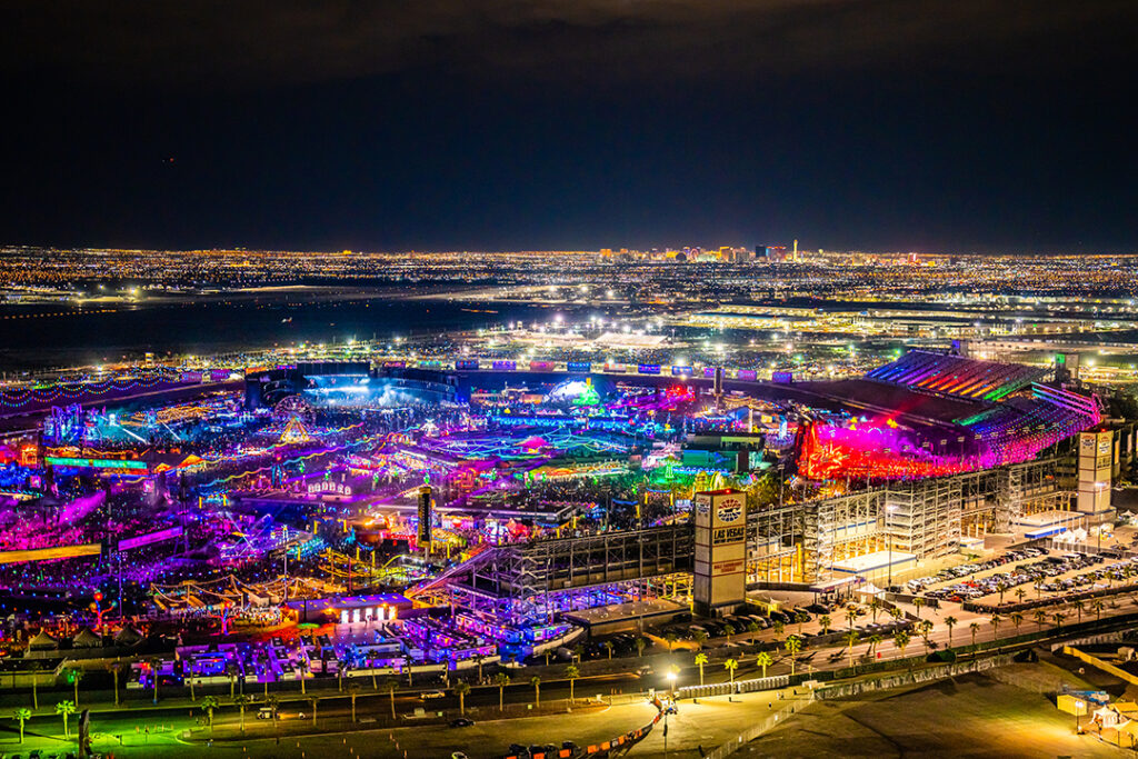 An aerial view of a EDC Last Vegas at night. 