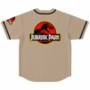 Tan dinosaur park baseball jersey with red movie-inspired logo on back view