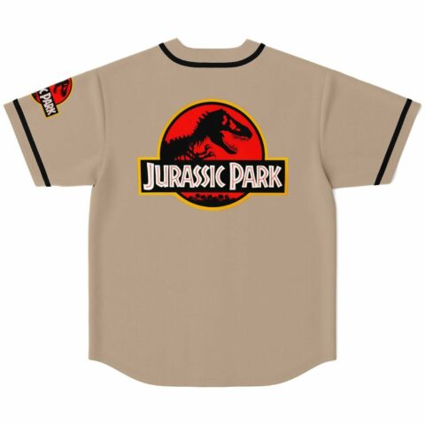 Tan dinosaur park baseball jersey with red movie-inspired logo on back view