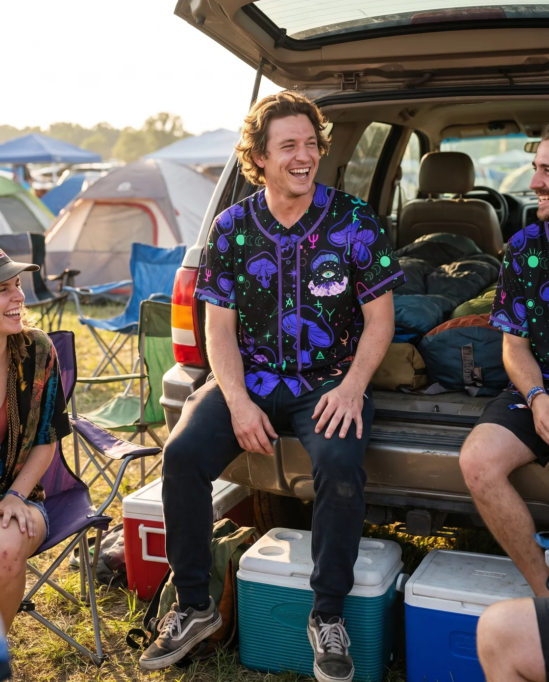 Friends wearing matching psychedelic baseball jerseys with joggers