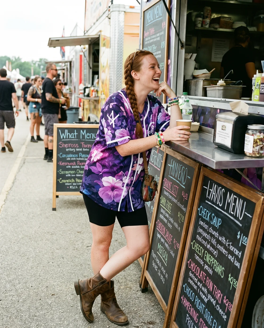 Woman wearing an oversized floral baseball jersey with cycling shorts and boots